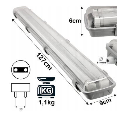 Hermetické svítidlo 120cm lampa + 2x LED trubice voděodolné 6000k studená teplota
