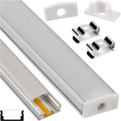 Hliníkový LED profil pro povrchově montovaný zapuštěný pásek s mléčným krytem, sada 2m