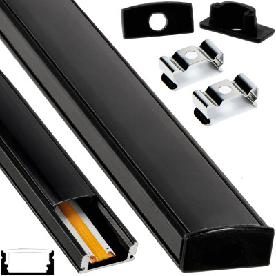 Hliníkový LED profil pro povrchově montovaný zapuštěný pásek, černý kryt, sada 2m