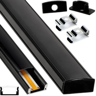 Hliníkový LED profil pro povrchově montovaný zapuštěný pásek, černý kryt, sada 2m