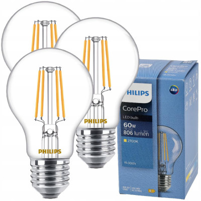 3x LED žárovka E27 7W 806lm 115lm/w 2700k s vláknem