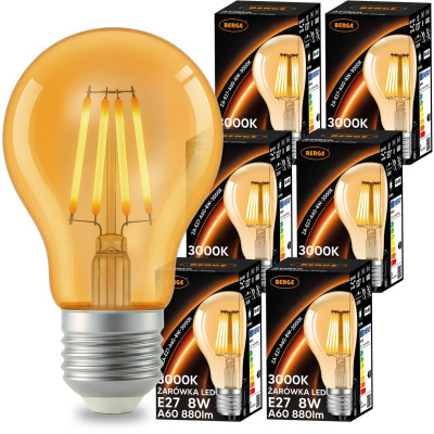 6x LED žárovka E27 a60 8W 880lm 3000k teplá jantarová sada s vláknem