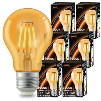 6x LED žárovka E27 a60 8W 880lm 3000k teplá jantarová sada s vláknem