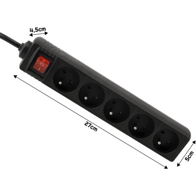 BERGE Prodlužovací kabel 3m - 5 zásuvek - černý s vypínačem