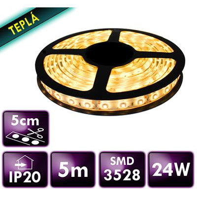 BERGE LED pásek - SMD 2835 - 5m 24W IP20 60LED/m 4,8W/m teplá bílá s konektorem