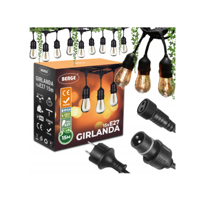 BERGE Zahradní girlanda 15m + 16x 1W LED žárovka