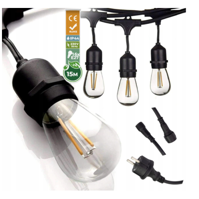BERGE Zahradní girlanda 15m + 16x 1W LED žárovka