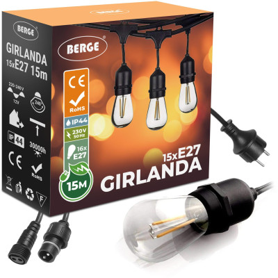 BERGE Zahradní girlanda 15m + 16x 1W LED žárovka