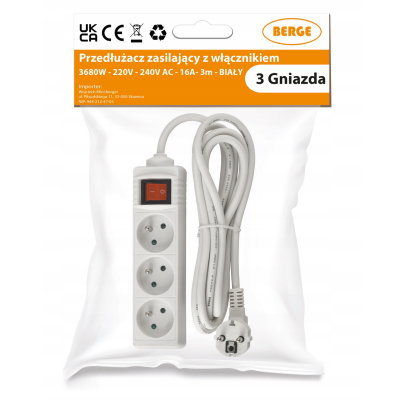 BERGE Prodlužovací kabel 3 zásuvky 3m 3680W s vypínačem