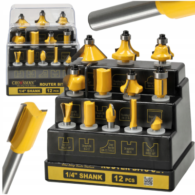 CROWNMAN Sada 12 kusů stopkových fréz 6,3 mm na dřevo