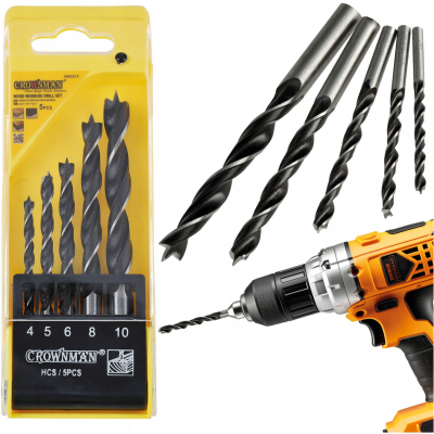 CROWNMAN Sada 5 ks vrtáků do dřeva 4-10 mm