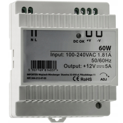 BERGE LED zdroj na DIN lištu 12V - 60W - 5A