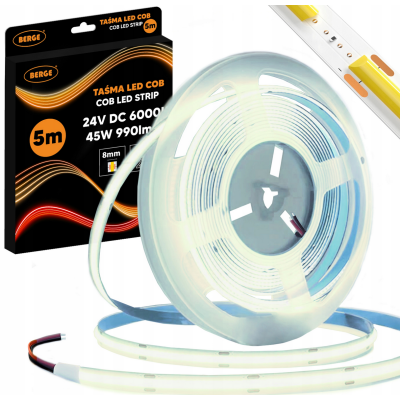BERGE LED pásek COB Neon 24V - 480D - 9W/m - IP20 - 990lm - 5m - studená barva