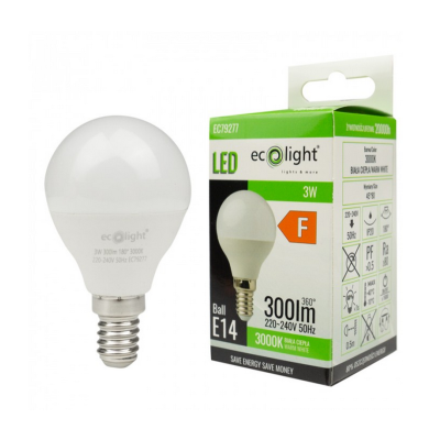 ECOLIGHT LED žárovka E14 - G45 - 3W - 270lm - teplá barva