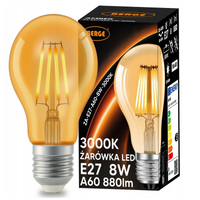BERGE LED žárovka E27 s vláknem Amber - 8W - teplá bílá