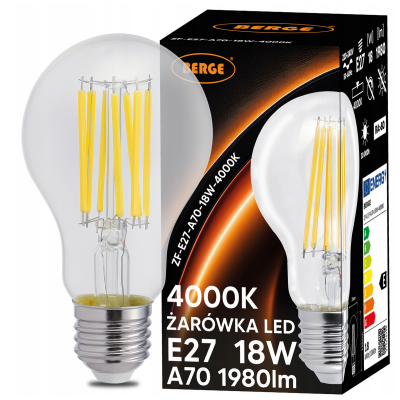 BERGE LED žárovka s vláknem E27 - 18W - neutrální bílá