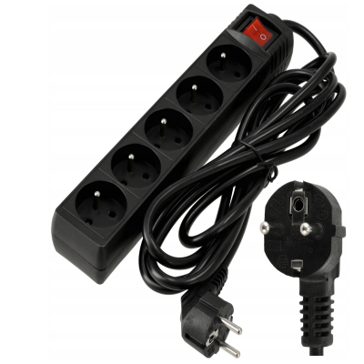 BERGE Prodlužovací kabel, 5 zásuvek, 3m, černý, s vypínačem, 3x1,5mm