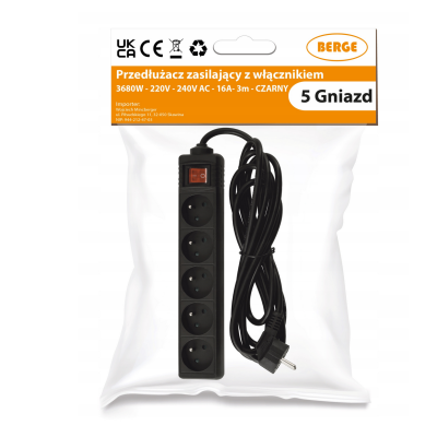 BERGE Prodlužovací kabel, 5 zásuvek, 3m, černý, s vypínačem, 3x1,5mm