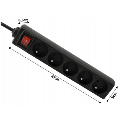 BERGE Prodlužovací kabel, 5 zásuvek, 3m, černý, s vypínačem, 3x1,5mm