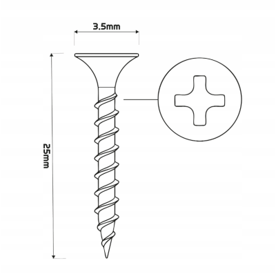 CROWNMAN Vruty do sádrokartonu černé 3,5x25mm PH2 fosfátované pro Regips 100ks