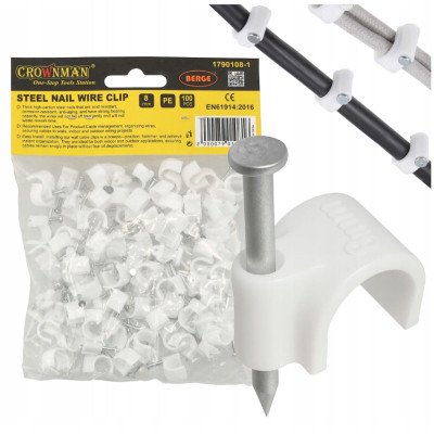 CROWNMAN Držáky kabelů pro kabelové girlandy s 8mm hřebíky, 100 kusů, bílé