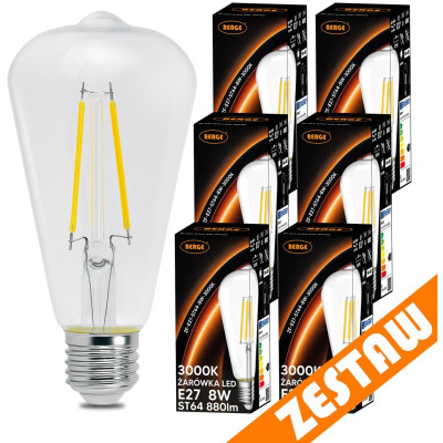SADA 6x LED žárovka E27 ST64 6W 660lm Filament 3000K - teplá bílá
