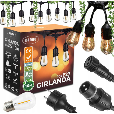 ZAHRADNÍ SVĚTELNÝ ŘETĚZ 10M 10xE27 Sada s LED žárovkami IP44