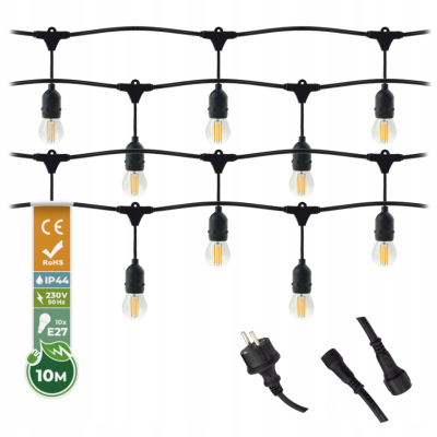 ZAHRADNÍ SVĚTELNÝ ŘETĚZ 10M 10xE27 Sada s LED žárovkami IP44