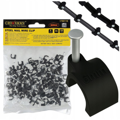 Držáky kabelů pro kabelové girlandy s 6mm hřebíky, 100 kusů, černé