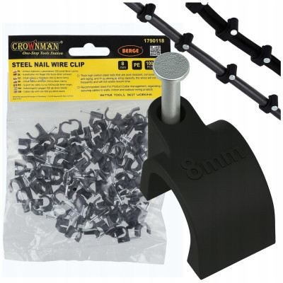 Držáky kabelů pro kabelové girlandy s 8mm hřebíky, 100 kusů, černé