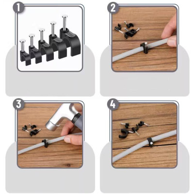 Držáky kabelů pro kabelové girlandy s hřebíky 12 mm, 100 kusů, černé