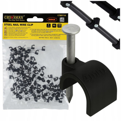 Držáky kabelů pro kabelové girlandy s hřebíky 4 mm, 100 kusů, černé