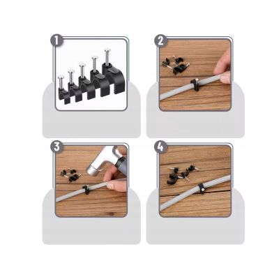 Držáky kabelů pro kabelové girlandy s hřebíky 4 mm, 100 kusů, černé