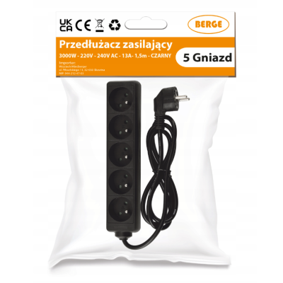 Prodlužovací kabel 5 zásuvek 1,5 m 13A 3000W 3*1,0 mm2